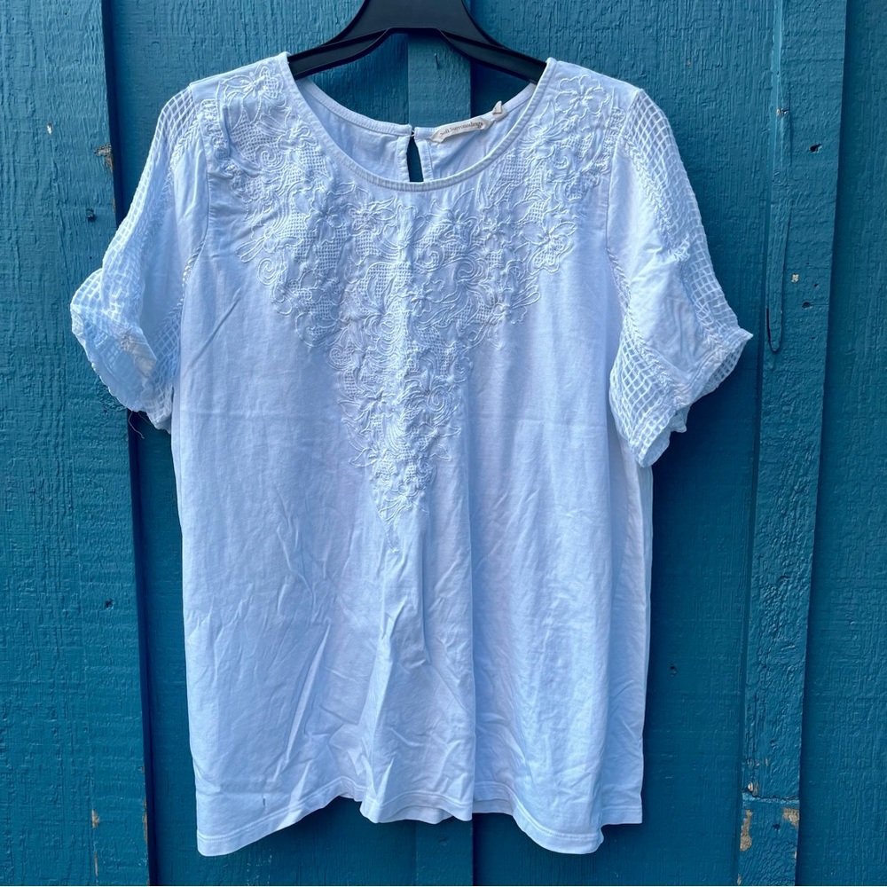 Soft Surroundings White Embroidered Short Sleeve Top